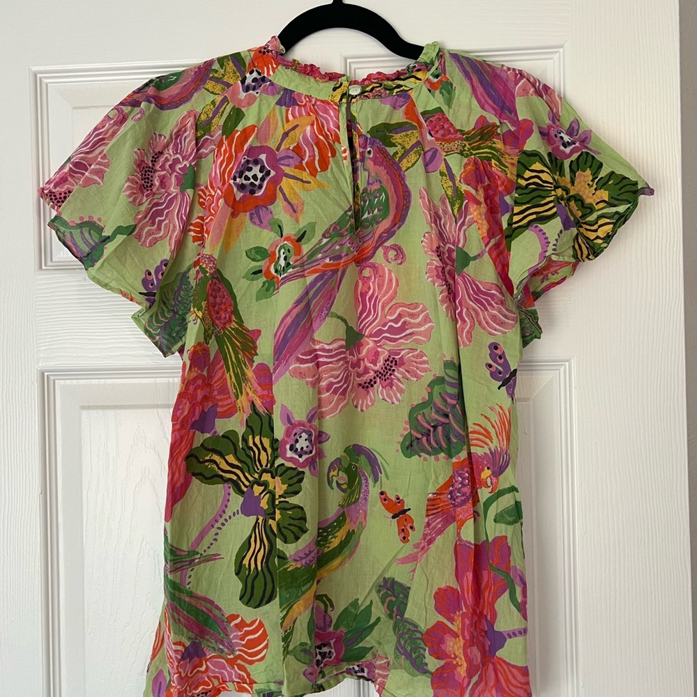 Banjanan Green Floral Short Sleeve Blouse with Pink & Orange Accents - Picture 2 of 3